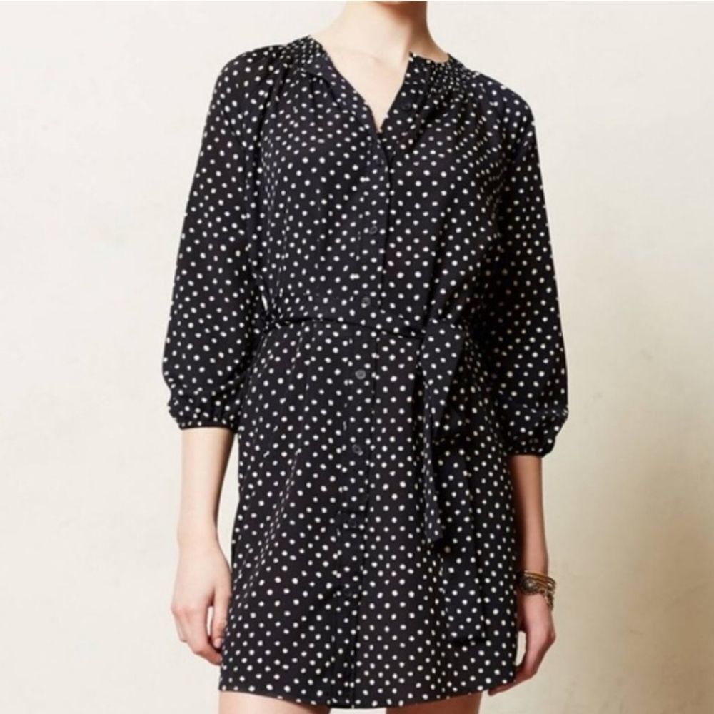 Anthropologie MaEve Preparation Polka-dot Button Down Belt Tie Dress Navy Small